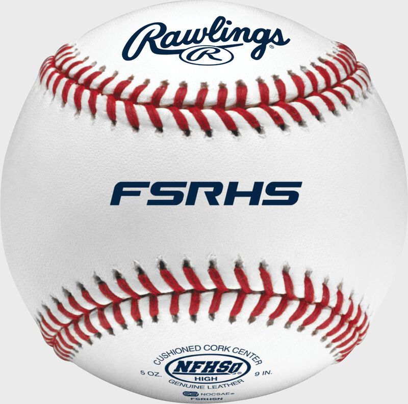 A Rawlings high school flat seam baseball with red seams and the NFHS logo - SKU: FSRHSN