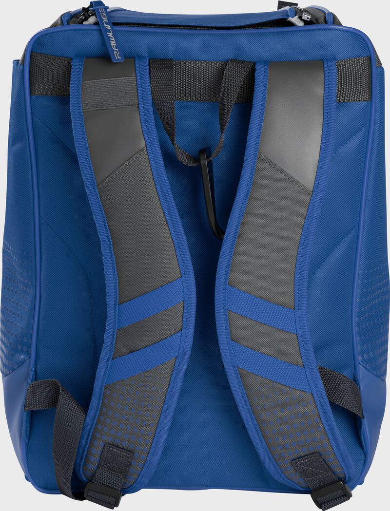 Back of a royal Rawlings Franchise backpack with gray shoulder straps - SKU: FRANBP-R