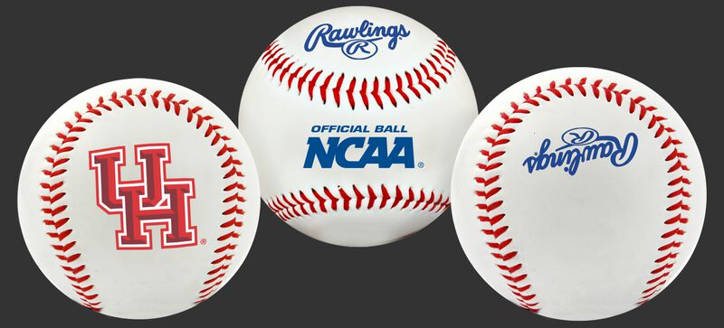 3 views of a NCAA Houston Cougars baseball with a team logo, NCAA logo and Rawlings logo