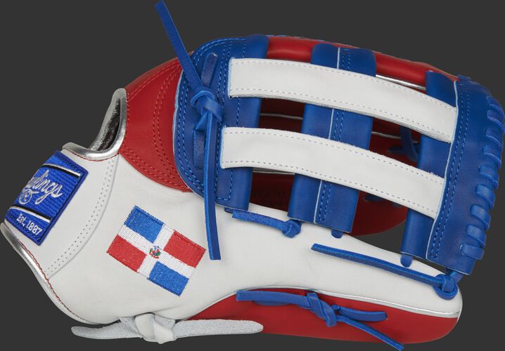 A white/scarlet PRO3039-6DR HOH Dominican Republic outfield glove with a white/royal H-web and DR flag on the thumb