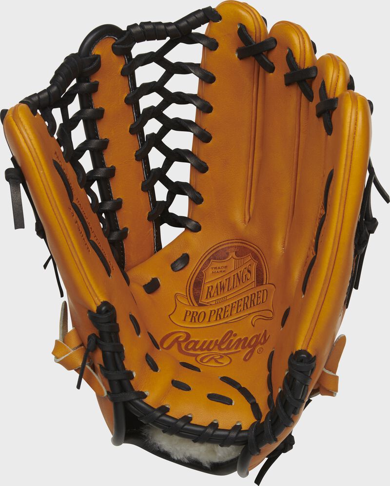 PRO442KRTP Rawlings 12.75-inch outfield glove with a rich tan palm and black laces