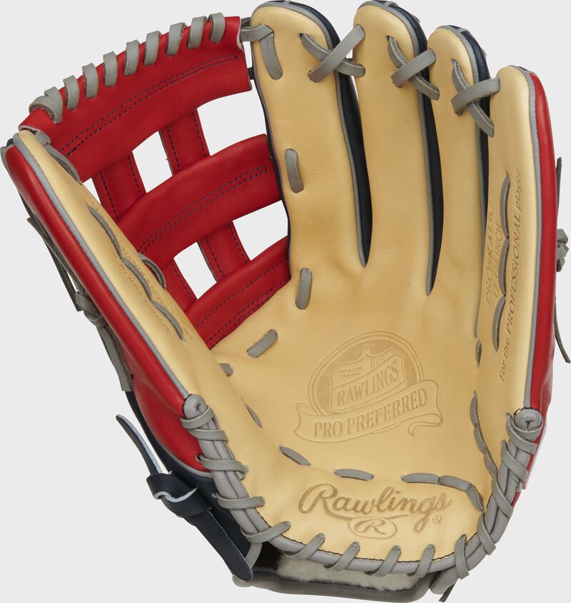 Camel palm of a Rawlings Pro Preferred outfield glove with gray laces - SKU: PROSRA13C