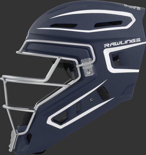 Left side of a navy CHV27J Rawlings hockey style Velo 2.0 catcher's helmet