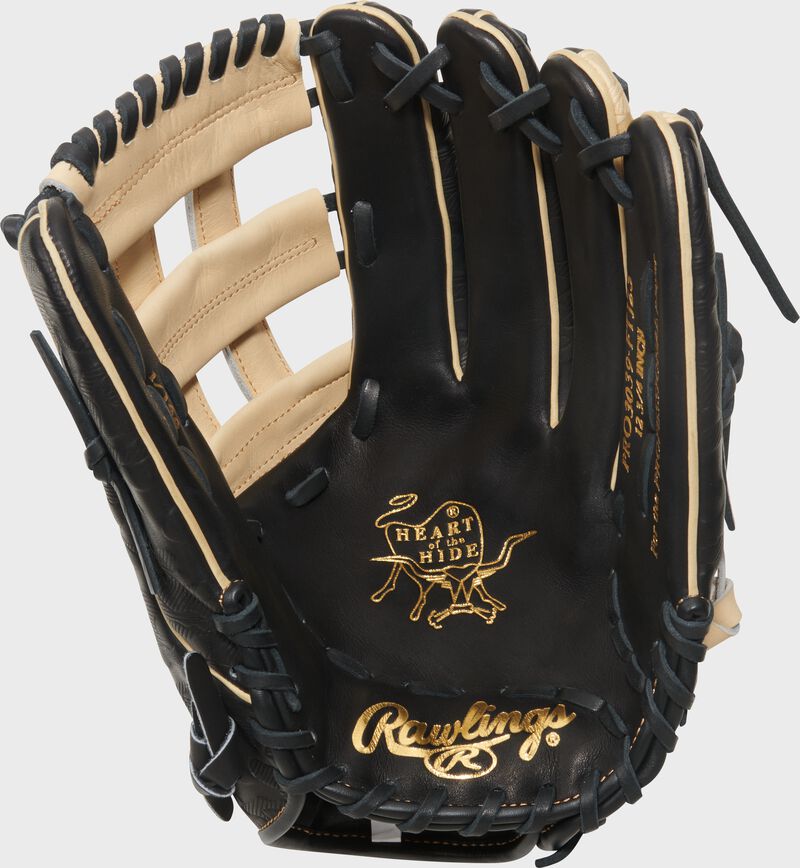Black palm of a Rawlings Gameday 57 Series Fernando Tatís Jr. Heart of the Hide Glove with gold stamping and black laces