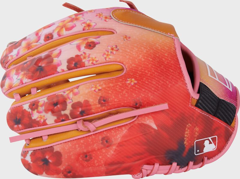 Pink floral design REV1X back of a Rawlings REV1X infield glove with the MLB logo on the pinky