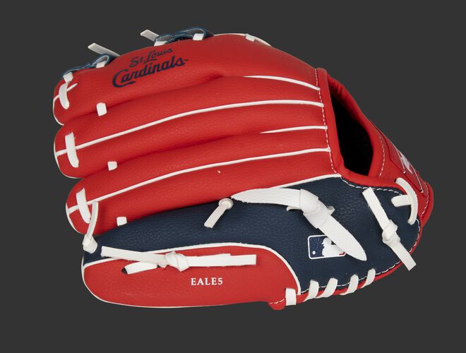Back of a red/navy St. Louis Cardinals 10-inch youth glove with the MLB logo on the pinky - SKU: 22000007111