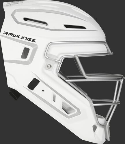 Right side of a white/silver CHV27J Velo 2.0 youth size catcher's helmet