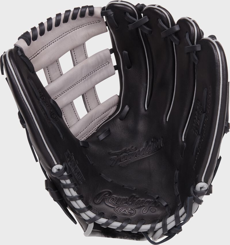 Black palm of a Rawlings Foundation Series Aaron Judge youth glove with black laces - SKU: RSGRF3028-6B
