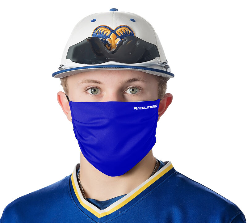 A player wearing a blue Rawlings performance wear sports mask - SKU: RMSK-BLU