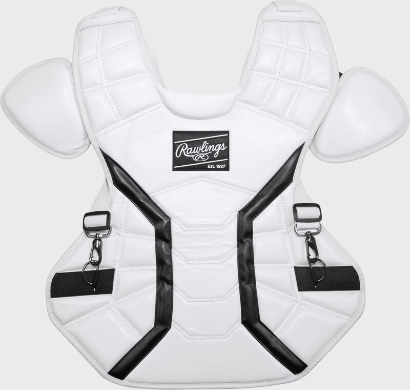 Front of a white Rawlings Mach Pro Series chest protector loading=