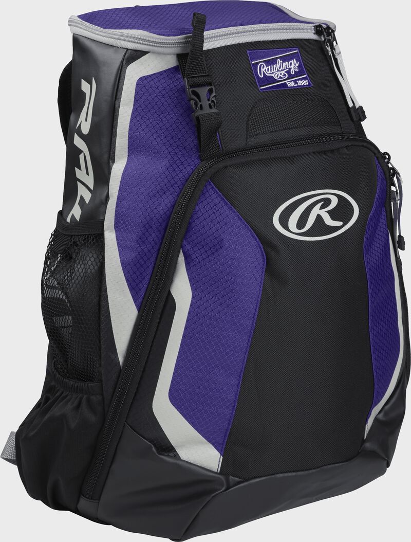 Right side of a black/purple R500 Rawlings Players equipment backpack with white trim