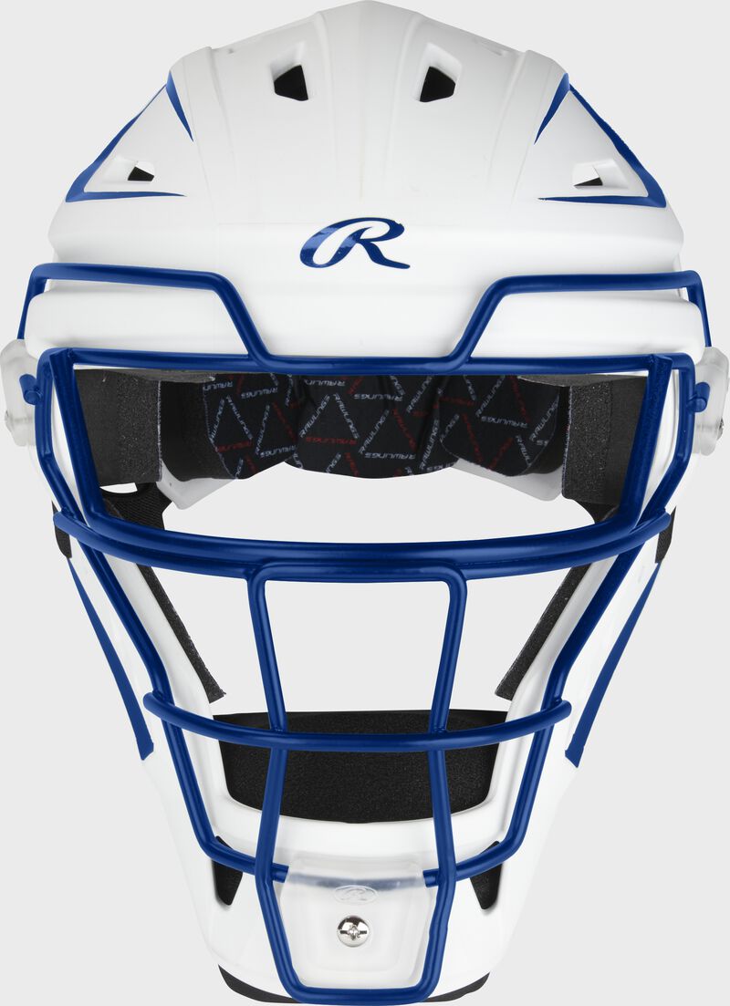 Front of a white/royal Velo catcher's mask