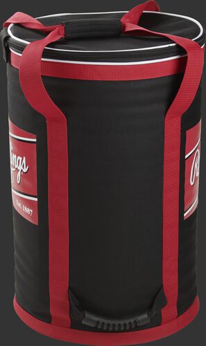 Side of a black soft baseball bag with red straps and a handle on the bottom - SKU: RSSBB-B