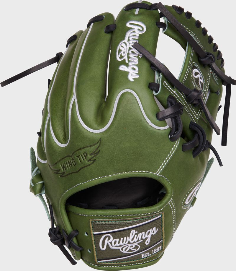 Back of a military green Heart of the Hide 11.5" I-web infield glove with a Wing Tip back - SKU: PRO204W-2MG