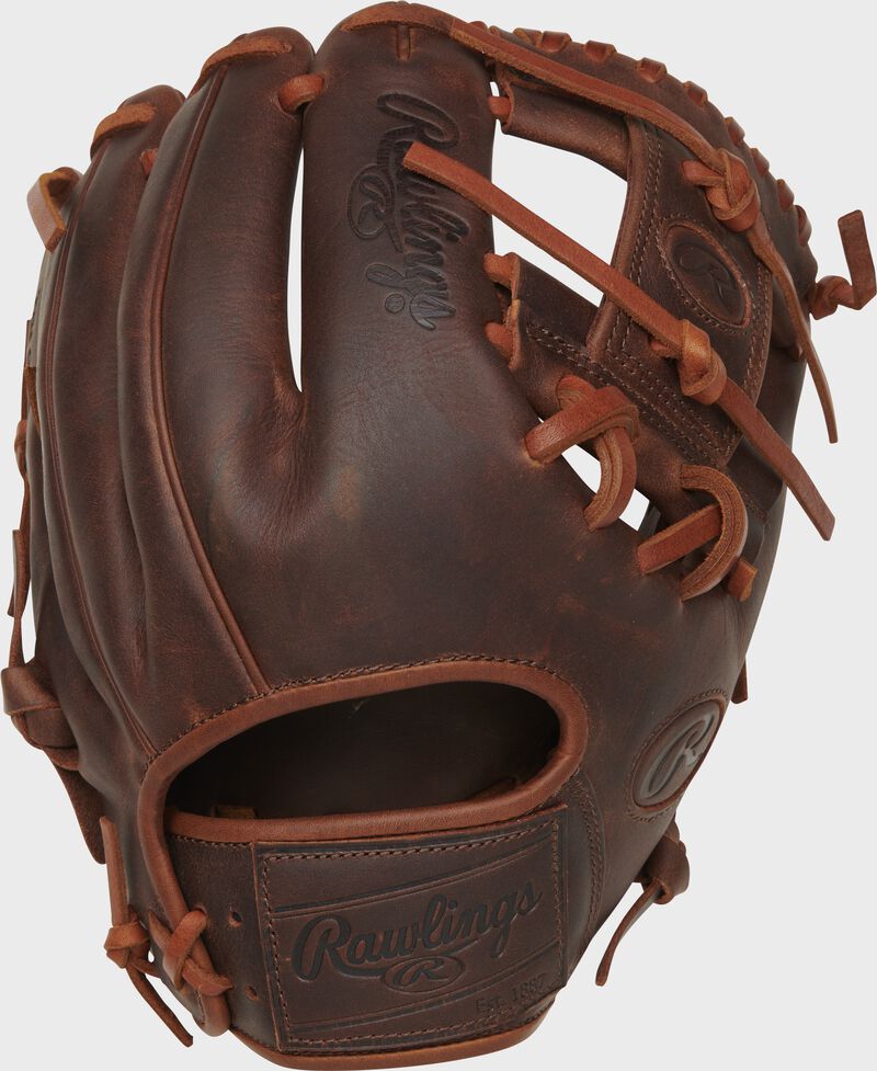 Back of a timberglaze Heart of the Hide I-web element series glove with a timberglaze leather Rawlings patch - SKU: PRO204-2TI