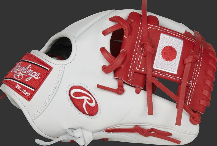 A white PRO204-2JP Heart of the Hide Japan infield glove with a Japanese flag on the scarlet I-web