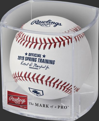 A ROMLBSTFL19 2019 MLB Florida Spring Training ball in a clear display cube
