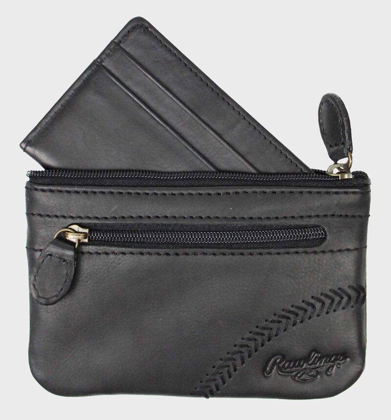 A black Baseball Stitch coin purse with a zippered pocket on the front - SKU: RS10013-001