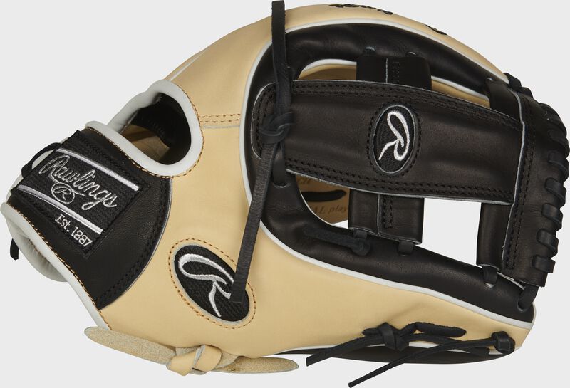 Web back view of camel, black, and white 2021 11.5-inch Pro Preferred infield glove