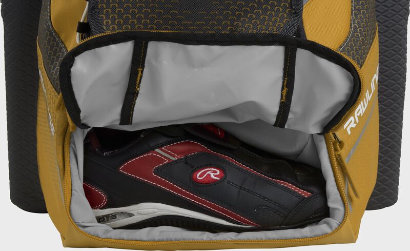 A light gold Rawlings baseball backpack with a cleat in the bottom cleat storage compartment - SKU: IMPSLE-LG