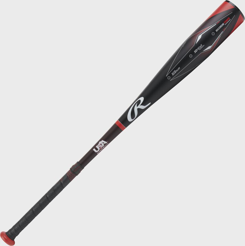 Angled view of a black/red Rawlings 5150 -11 USA bat - SKU: RUS3511