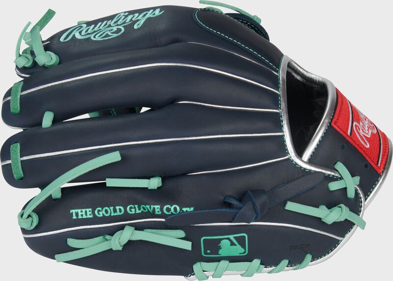 Navy back of a R9 Series 11.75-Inch Baseball Glove with the MLB logo on the pinky