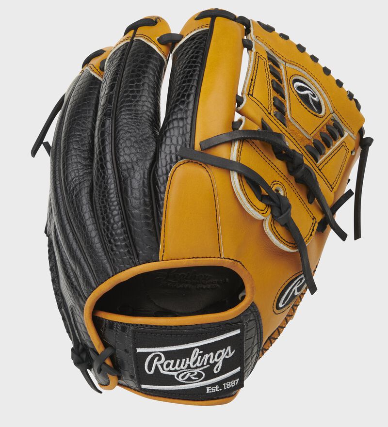 Croc embossed leather back of a Pro Preferred laced 2-piece solid web glove with a black Rawlings patch - SKU: PROS205-30TC