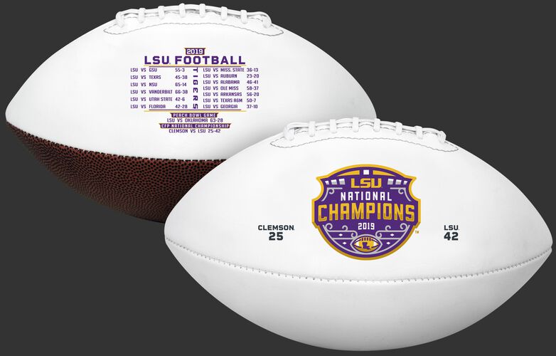 2 sides of a white 2020 LSU Tigers College Football National Champions full sized football