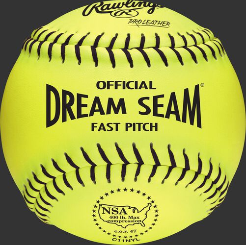 A yellow C11NYL NSA official 11-inch Dream Seam softball with blue stitching