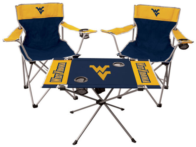 Front of Rawlings Blue and Yellow NCAA West Virginia Mountaineers 3-Piece Tailgate Kit With Two Kickoff Chairs, An Endzone Table, And A Transport Bag With Team Logo SKU #00993114511