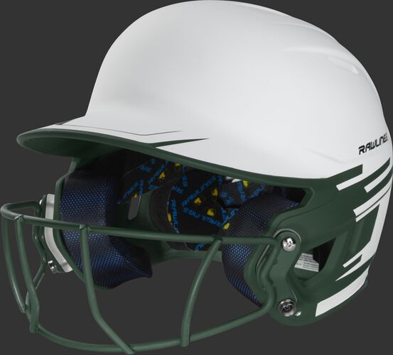 Front left of a white/dark green Mach softball helmet with a dark green mask - SKU: MSB13S-W/DG