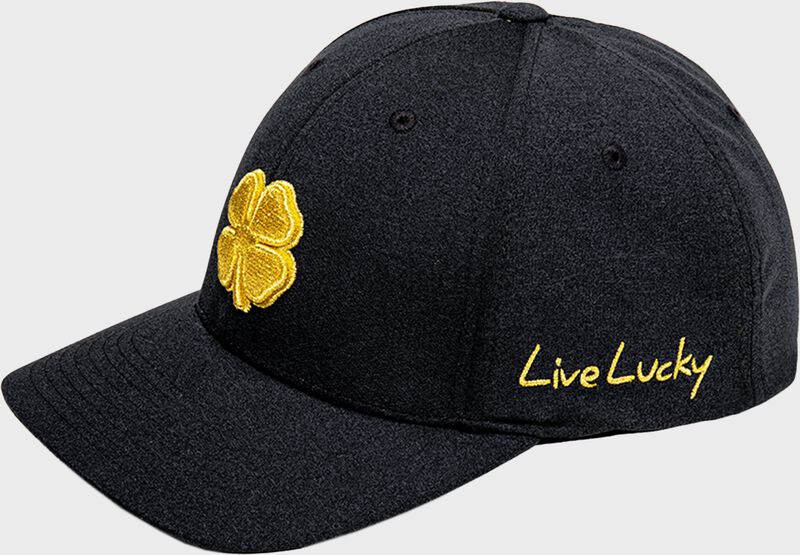 Left-side view of Rawlings Black Clover Gold Glove Fitted Hat - SKU: BCR1GG0571