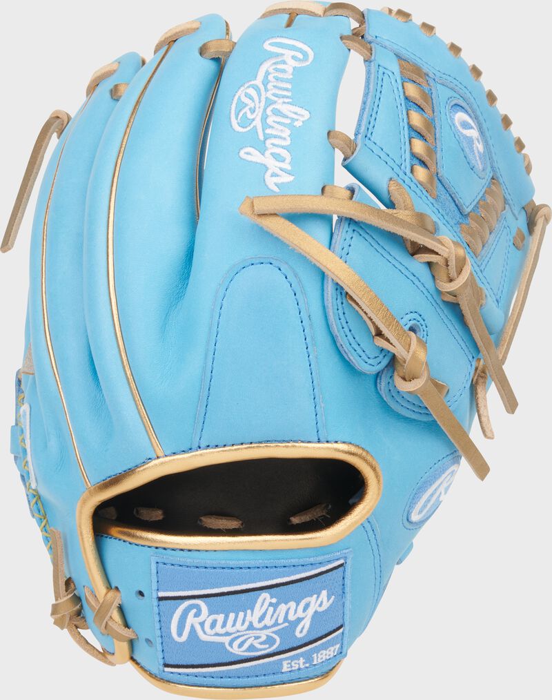 Back of a Columbia blue exclusive Heart of the Hide 11.75" infield/pitcher's glove with a Columbia blue Rawlings patch