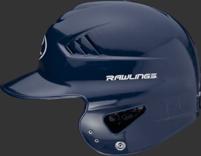Left side of a navy RCFTB Coolflo T-ball helmet with a Rawlings logo above the ear hole