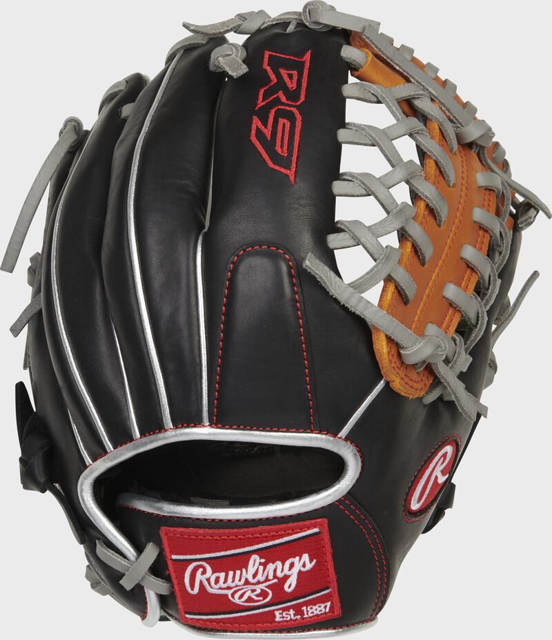 Back of a black/tan R9 ContoUR 11.5" Modified Trap-Eze web glove with a red Rawlings patch - SKU: R9115U-4BT