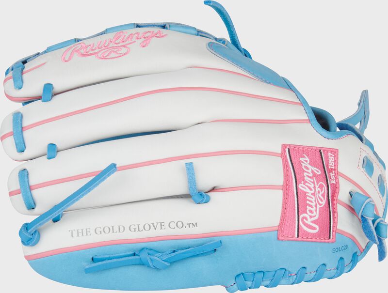 Back of a white/Columbia blueLiberty Advanced 12.5-inch Fastpitch Softball Glove loading=