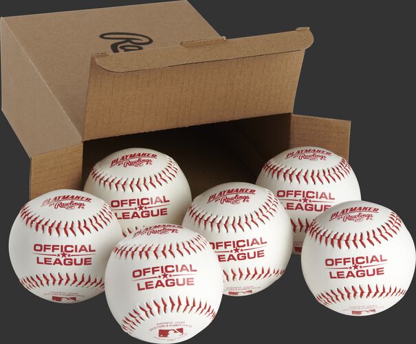 6 Rawlings Playmaker balls in front of an open box - SKU: PMBBPK6