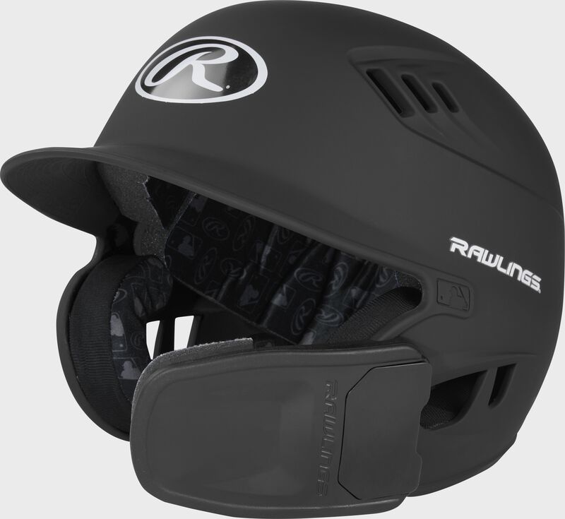 Front left-side view of Black R16 Reverse Matte Batting Helmet | Junior & Senior - SKU: R6R07 loading=