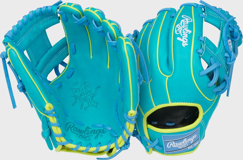 Two images showing the palm & back of a Heart of the Hide ContoUR Fit 11.5-Inch Teal Infield Glove