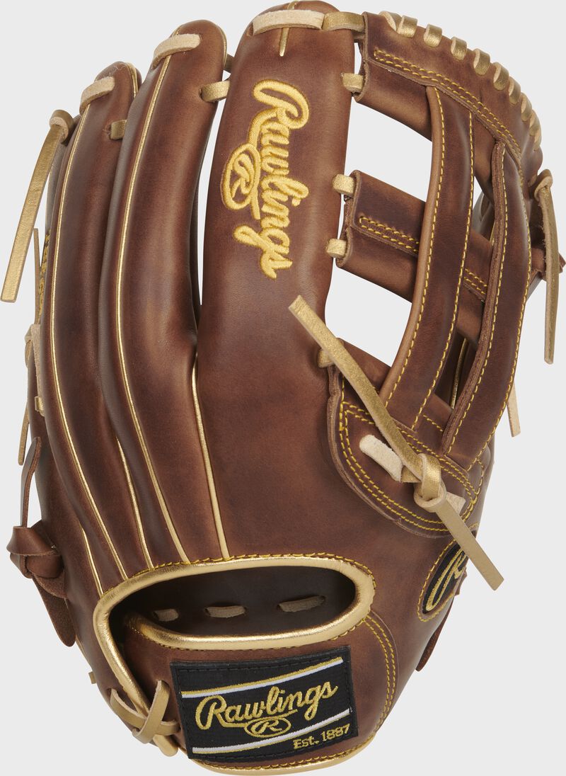 Back of a sandlot HOH R2G 12.5-Inch ContoUR fit outfield glove with a black Rawlings patch - SKU: PROR3028U-6SL