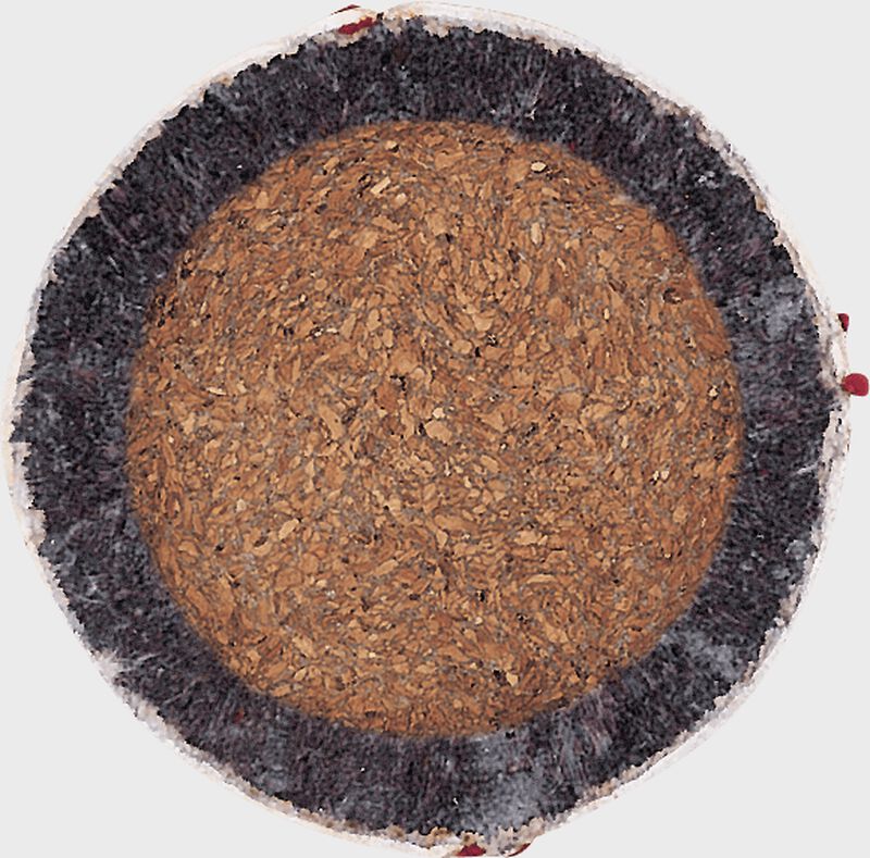 Cutaway view showing the center cork of an Official League practice ball - SKU: ROLB2
