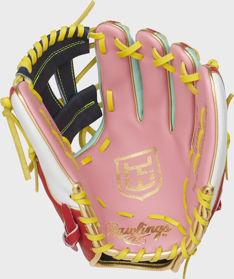 Pink palm of a Kolten Wong Heart of the Hide glove with his personal logo and yellow laces - SKU: PRO314-7KW