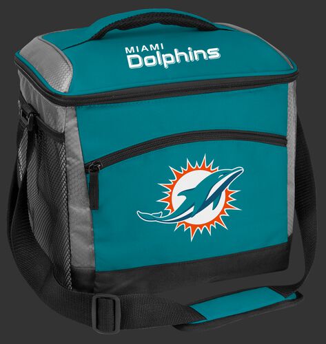 A teal Miami Dolphins 24 can soft sided cooler with screen printed team logos - SKU: 10211074111