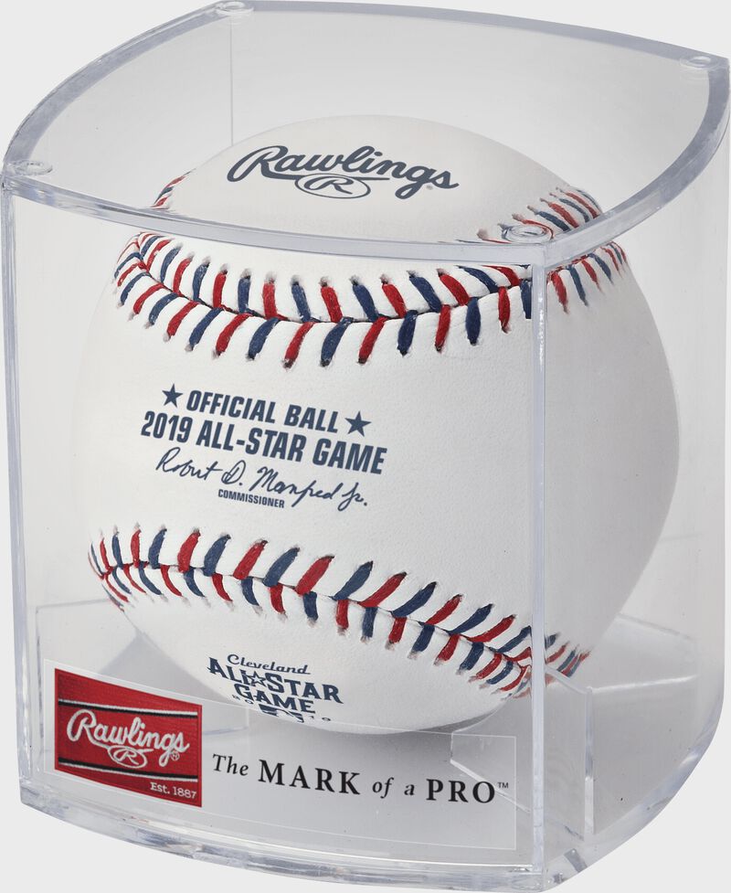 ASBB19 Official 2019 MLB All-Star Game ball in a plastic display cube