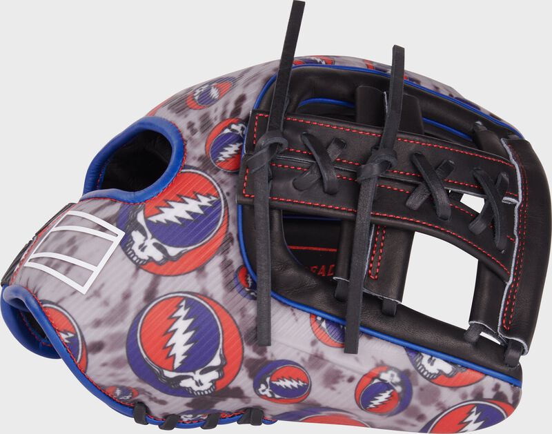 Thumb of a Rawlings x Grateful Dead Steal Your Face REV1X infield glove with a black laced, split single post web