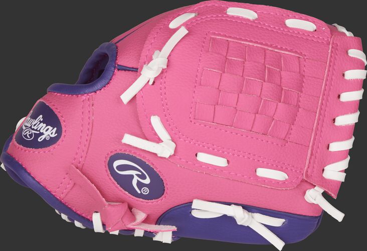 Thumb view of a pink PL91PP Players Series 9-inch youth softball glove with purple trim and a pink Basket web