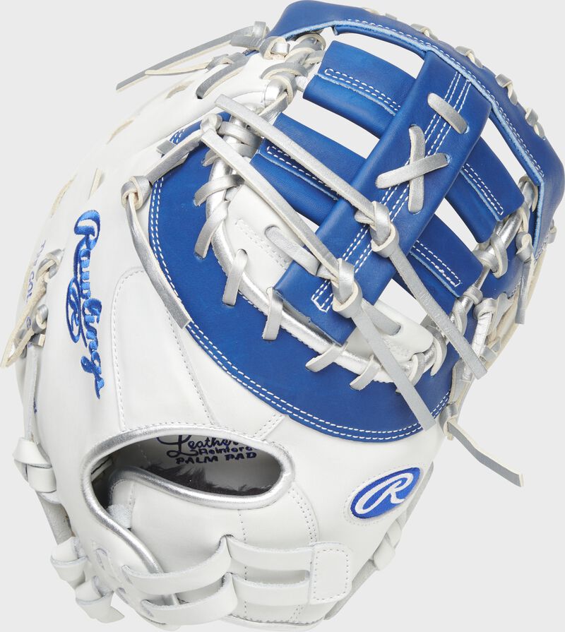 Back of a white/royal Liberty Advanced Color Series first base mitt - SKU: RLADCTSBWRP