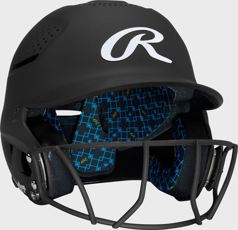 Front right of a black Rawlings RX2 fastpitch batting helmet loading=