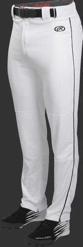 Front of Rawlings White/Black Adult Launch Piped Semi-Relaxed Baseball Pant - SKU #LNCHSRP-BG/B-88