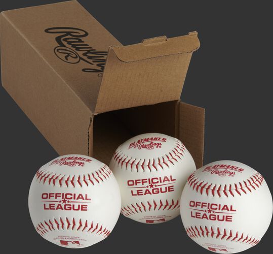 3 Rawlings Playmaker balls in front of an open box - SKU: PMBBPK3